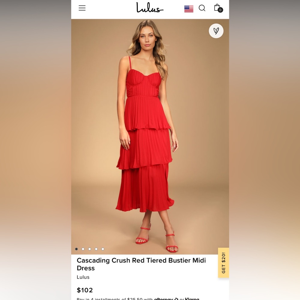 Cascading crush red tiered bustier midi dress